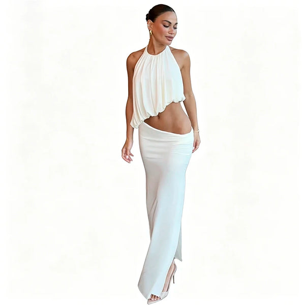 Ivory Ruched Halter High-Low Maxi Skirt Set Two-piece