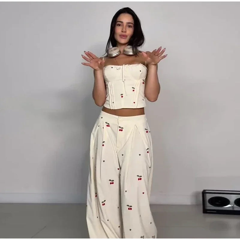 Valentina Striped Lace-Up Tube Top & Wrap Wide-Leg Pants Two-piece