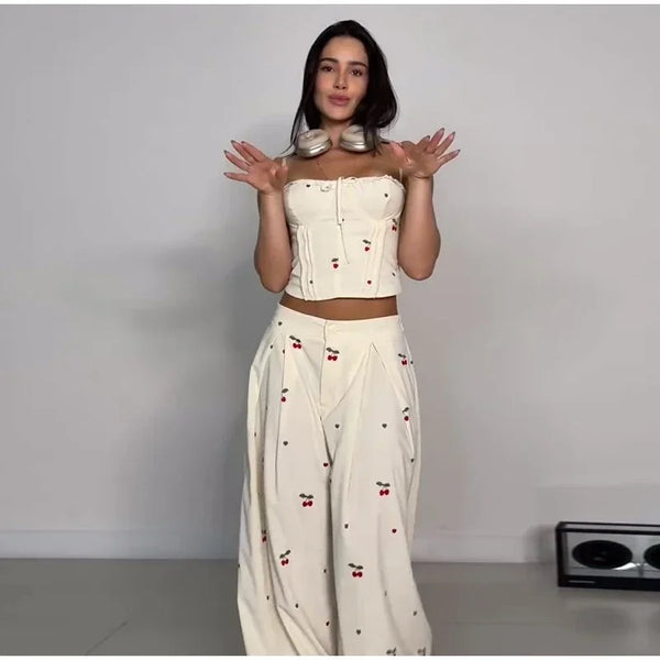 Valentina Striped Lace-Up Tube Top & Wrap Wide-Leg Pants Two-piece
