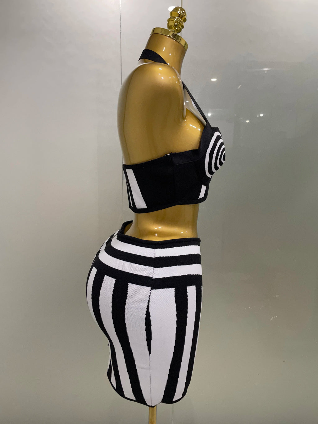 Dagmar Striped Jacquard Bandage Halter Crop Top & Bodycon Mini Skirt Two-piece