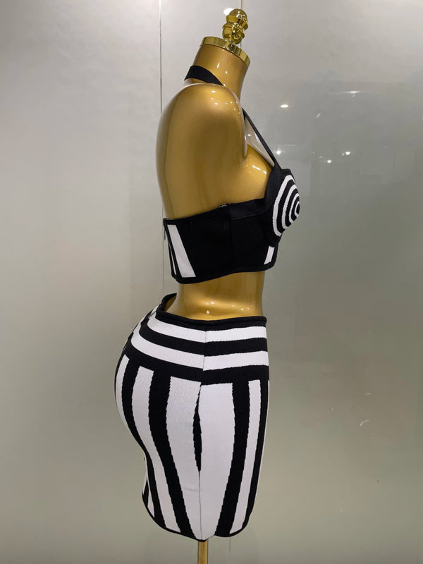Dagmar Striped Jacquard Bandage Halter Crop Top & Bodycon Mini Skirt Two-piece