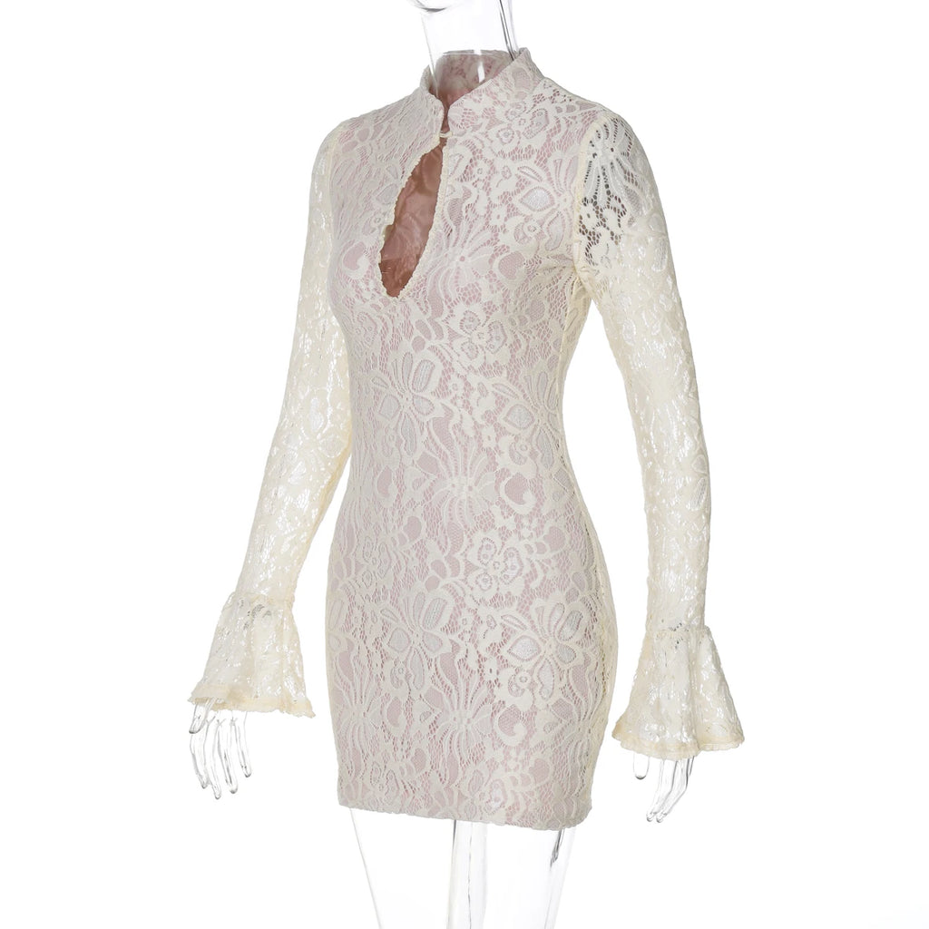 Pearl Lace Keyhole Flare-Sleeve Mini Dress