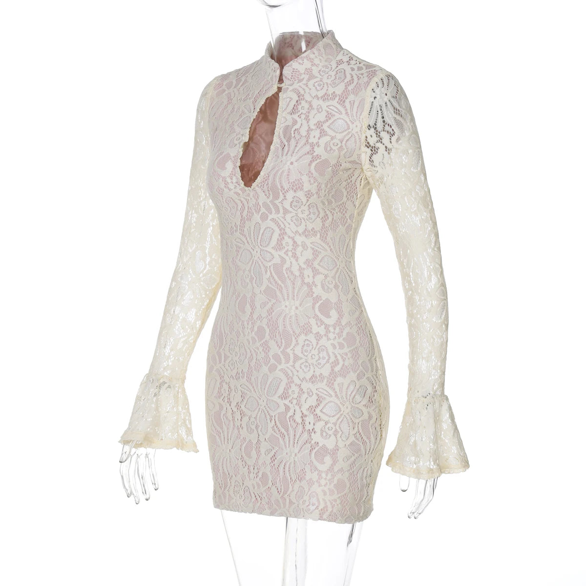Pearl Lace Keyhole Flare-Sleeve Mini Dress