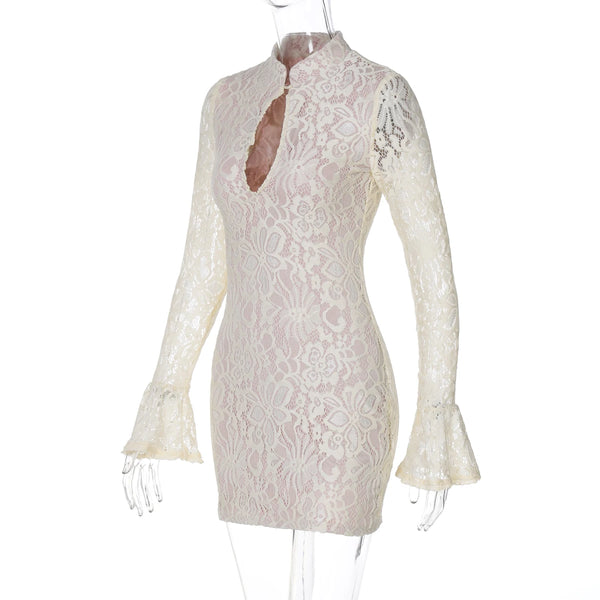 Pearl Lace Keyhole Flare-Sleeve Mini Dress