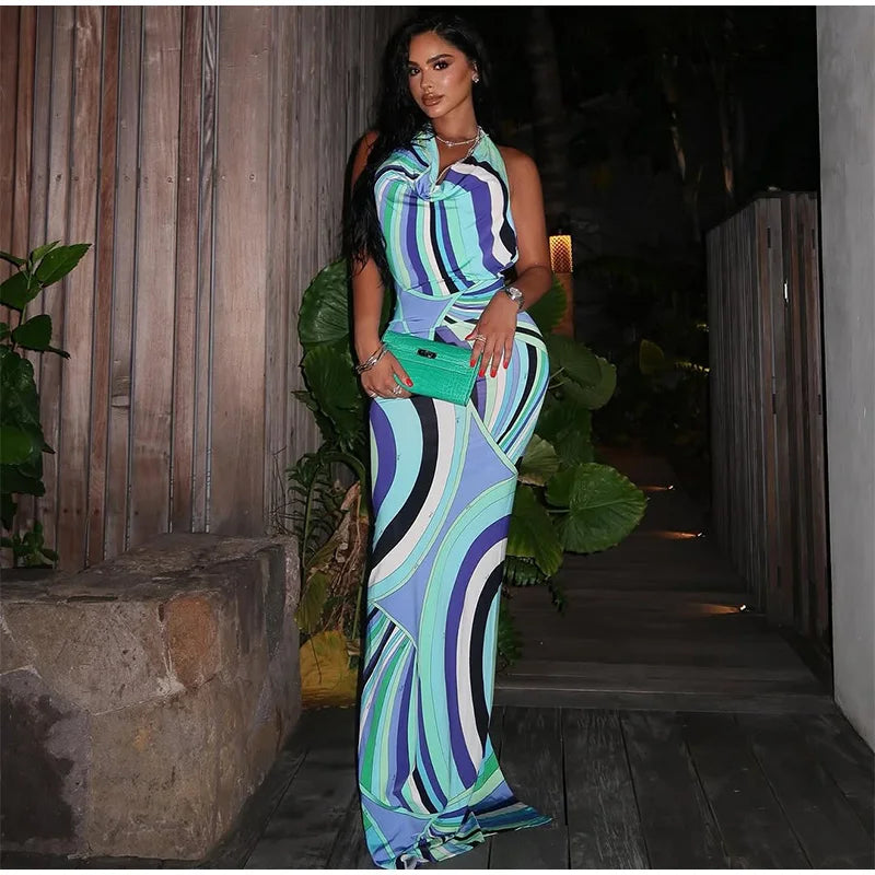 Ermengarde Print Halter Bow Backless Top & Long Skirt Set
