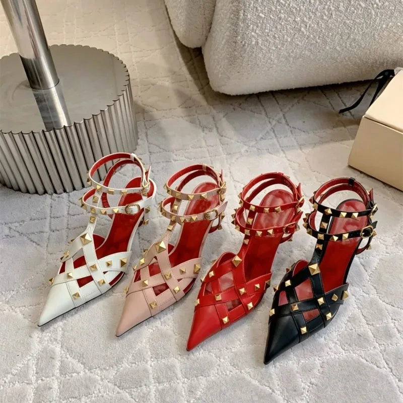 European and American Sexy Studded Pointed Fashion Stage Runway Shoes with French Style Toe Closure Buckle Strap Women's Sandals