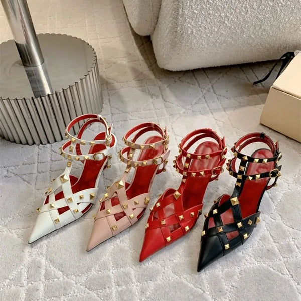European and American Sexy Studded Pointed Fashion Stage Runway Shoes with French Style Toe Closure Buckle Strap Women's Sandals