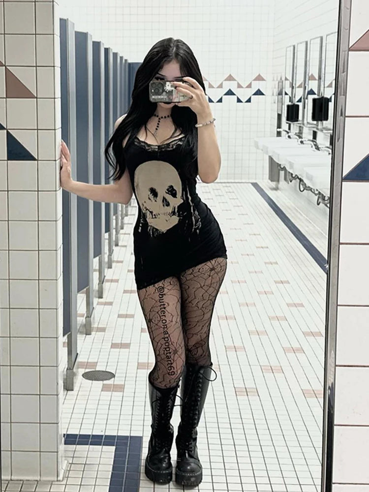 Nyx Skull-Print Gothic Bodycon Mini Dress