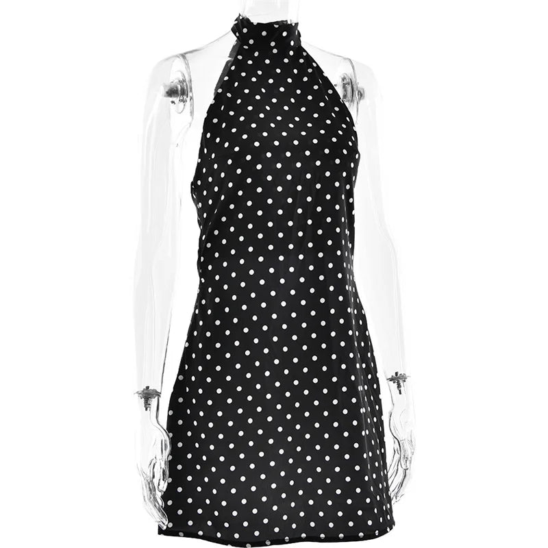 Hyacinthe Polka-Dot Tie-Halter Backless A-Line Mini Dress