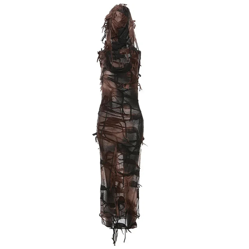 PixieKiki Brown Tie Dye Hooded High Split Long Dresses Trashy Y2k Clothing Street Style Distressed Tassel Dress P94-DZ27