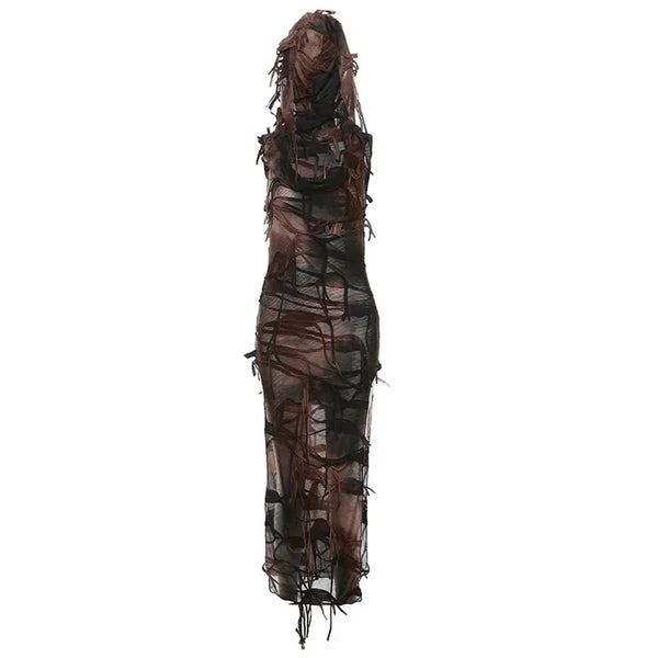 PixieKiki Brown Tie Dye Hooded High Split Long Dresses Trashy Y2k Clothing Street Style Distressed Tassel Dress P94-DZ27