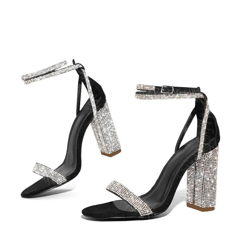 Liyke Fashion Glitter Rhinestones Square High Heels Sandals Summer Open Toe Crystal Ankle Strap Women Party Prom Shoes Sandalias