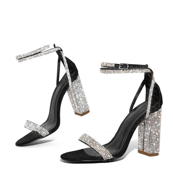Liyke Fashion Glitter Rhinestones Square High Heels Sandals Summer Open Toe Crystal Ankle Strap Women Party Prom Shoes Sandalias