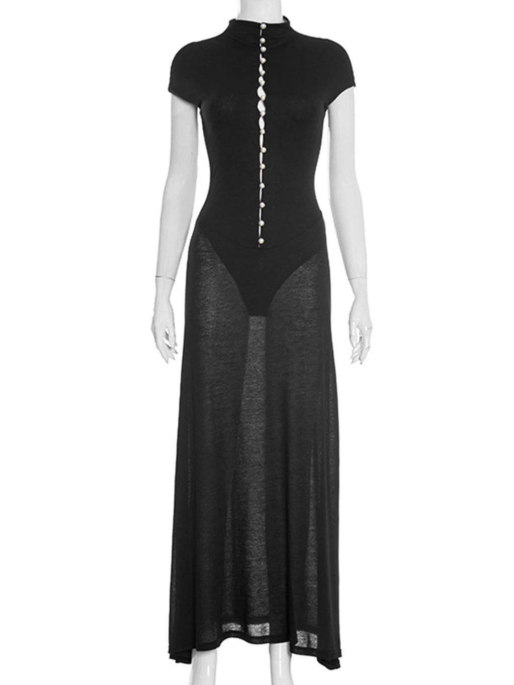 Adelina Sheer-Panel Button Bodycon Maxi Dress