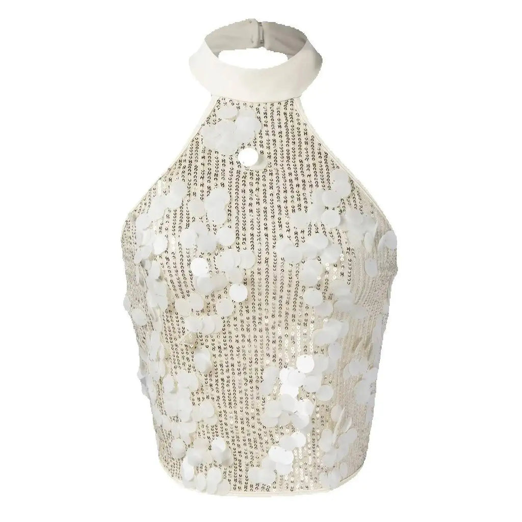 Aria Blanc Floral Sequin Halter Top