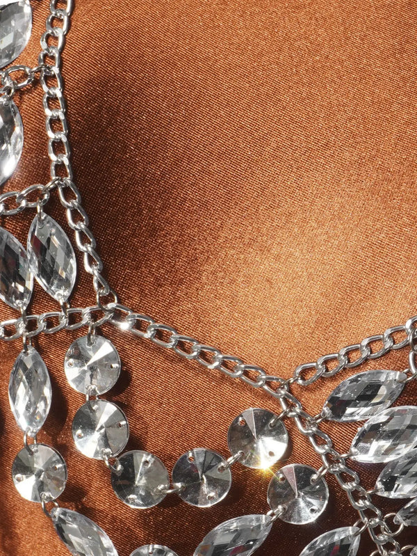 Women Rhinestone Halter Body Top Deep V Open Back Multi Layer Fringe Tassel Crystal Chain Crop Vest Nightclub Rave Jewelry Top