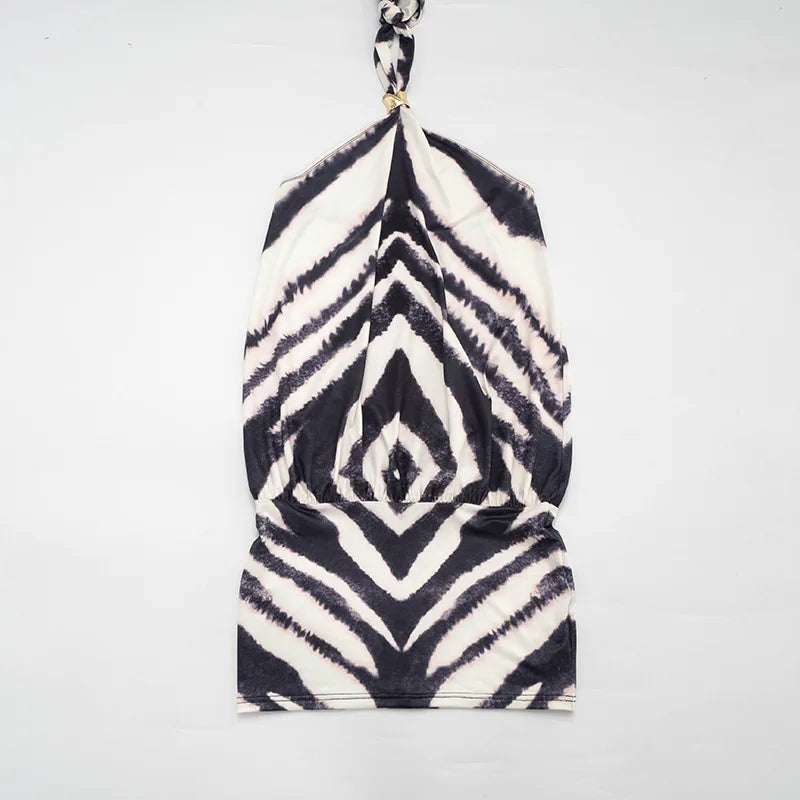Zephyra Zebra Halter Backless Bodycon Mini Dress
