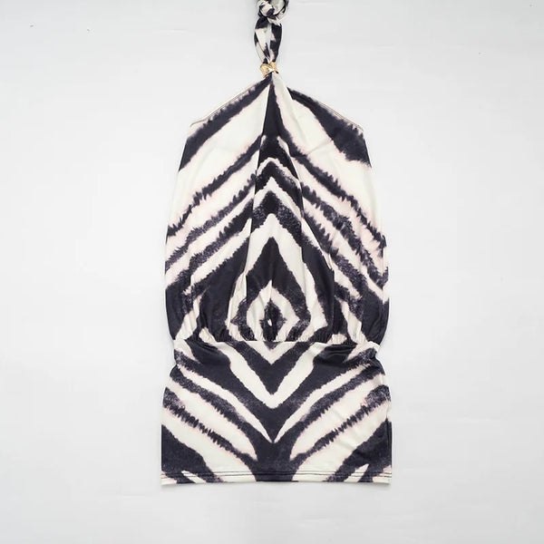 Zephyra Zebra Halter Backless Bodycon Mini Dress