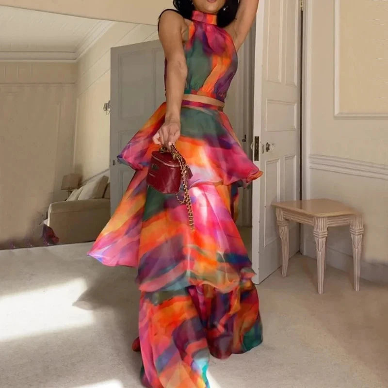Jolanda Tie-Dye Print Halter Crop Top & Tiered Ruffle Maxi Skirt