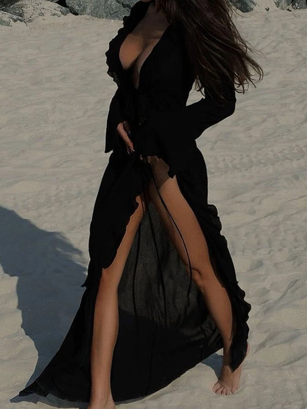 Rosalie Ruffle Sheer Long-Sleeve Maxi Dress