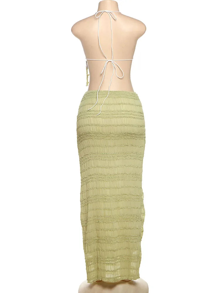 Oksana Sheer Crinkle Mesh Halter Lace-Up Crop Top & Maxi Skirt Two-piece