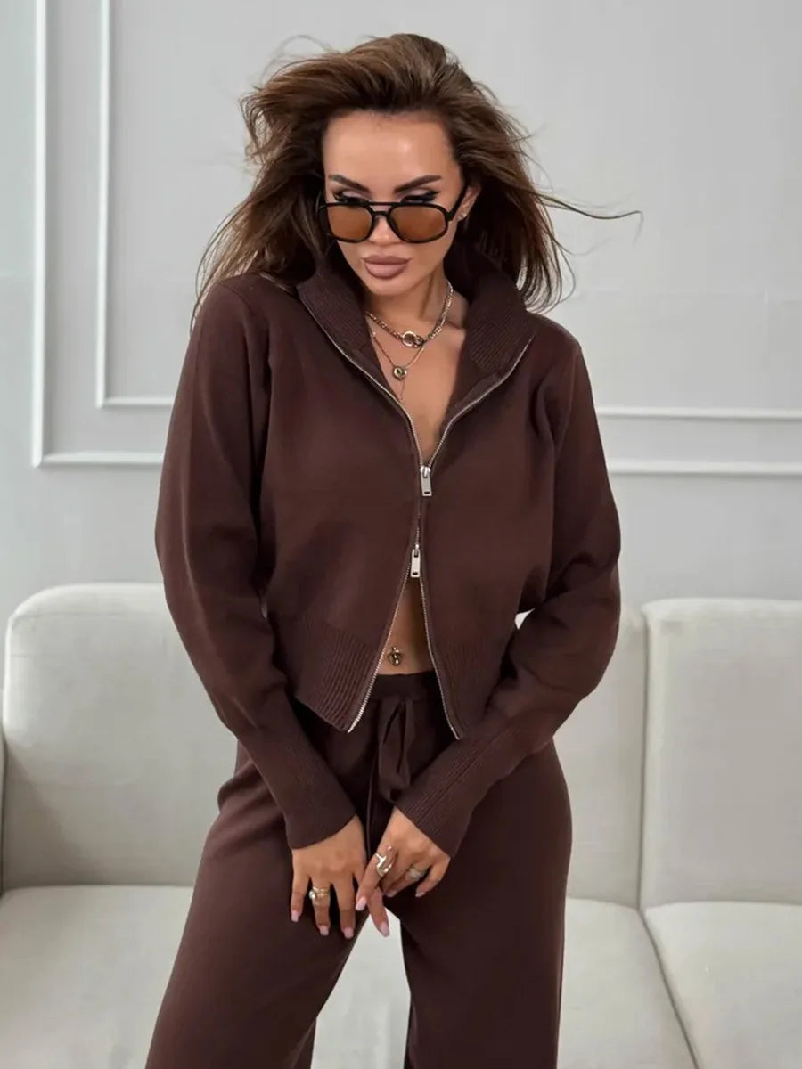 Sigourney Knit Zip-Up Cropped Cardigan & Wide-Leg Pants Two-Piece Set