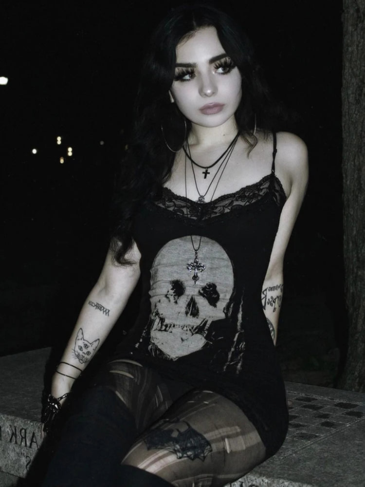 Nyx Skull-Print Gothic Bodycon Mini Dress