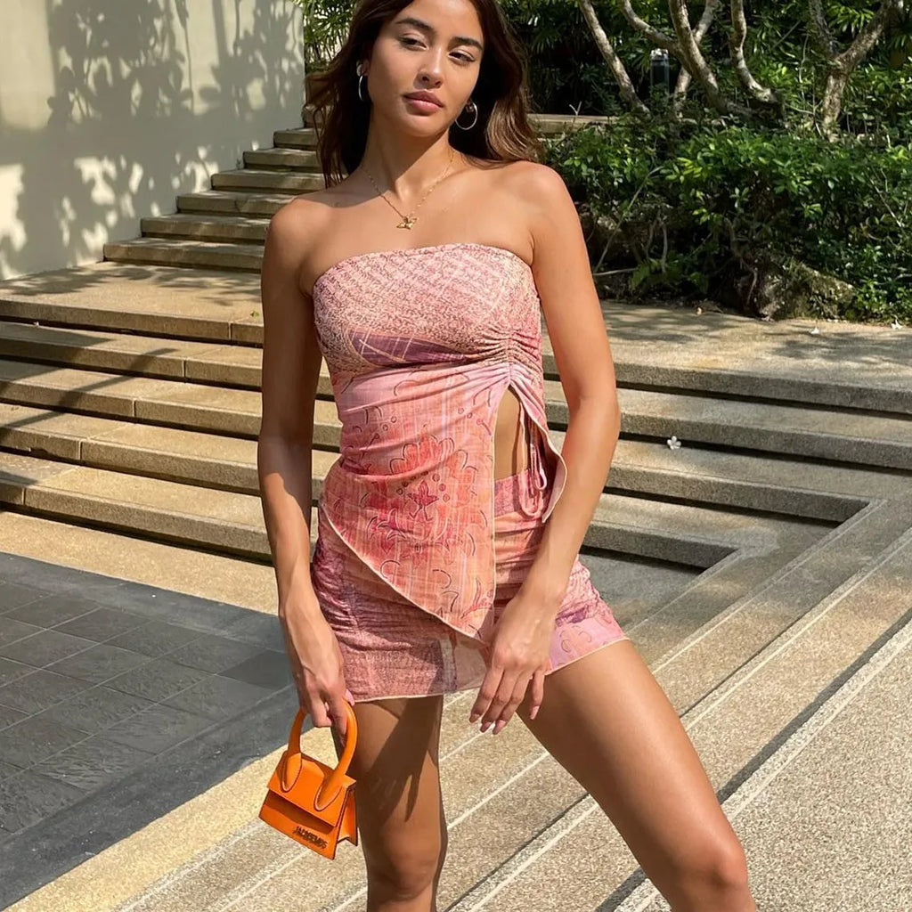Priya Y2K Mesh Tube Top Skirt Set