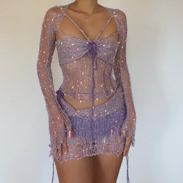 Marisela Sequin Crochet Knit Tie-Front Crop Top & Mini Skirt Two-piece