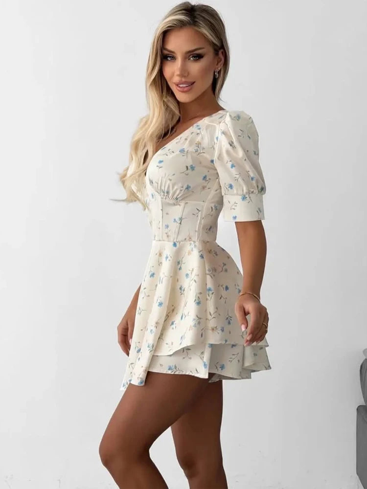 Fleur Printed Satin Puff-Sleeve Mini Dress
