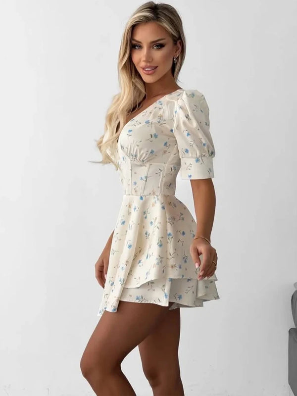 Fleur Printed Satin Puff-Sleeve Mini Dress