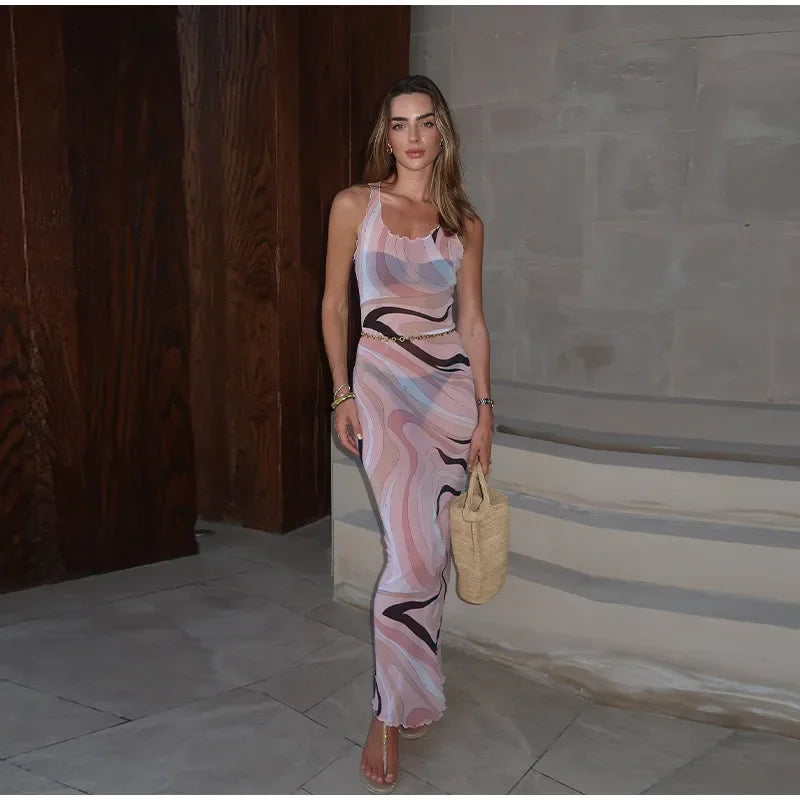 Ondrea Sheer Swirl-Print Mesh Bodycon Maxi Dress One-piece