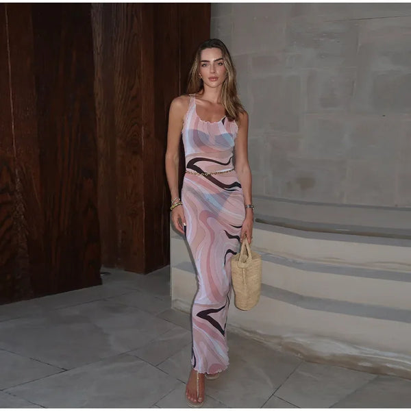 Ondrea Sheer Swirl-Print Mesh Bodycon Maxi Dress One-piece