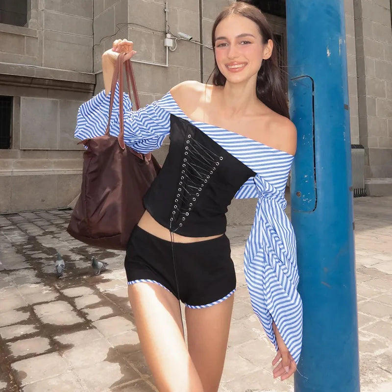 Bexley Striped Off-Shoulder Shorts Set Two-piece
