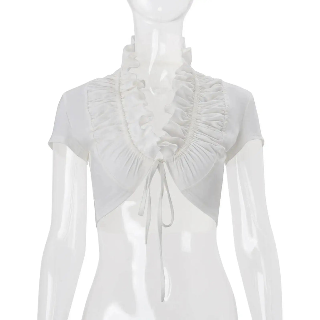 JULISSA MO Sexy Deep V-neck Ruffles Women Crop Top White Short Sleeve Lace Up Ruched Tops Female Summer Skinny Casual Streetwear