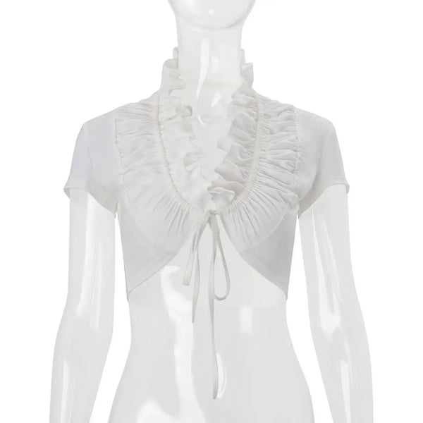 JULISSA MO Sexy Deep V-neck Ruffles Women Crop Top White Short Sleeve Lace Up Ruched Tops Female Summer Skinny Casual Streetwear