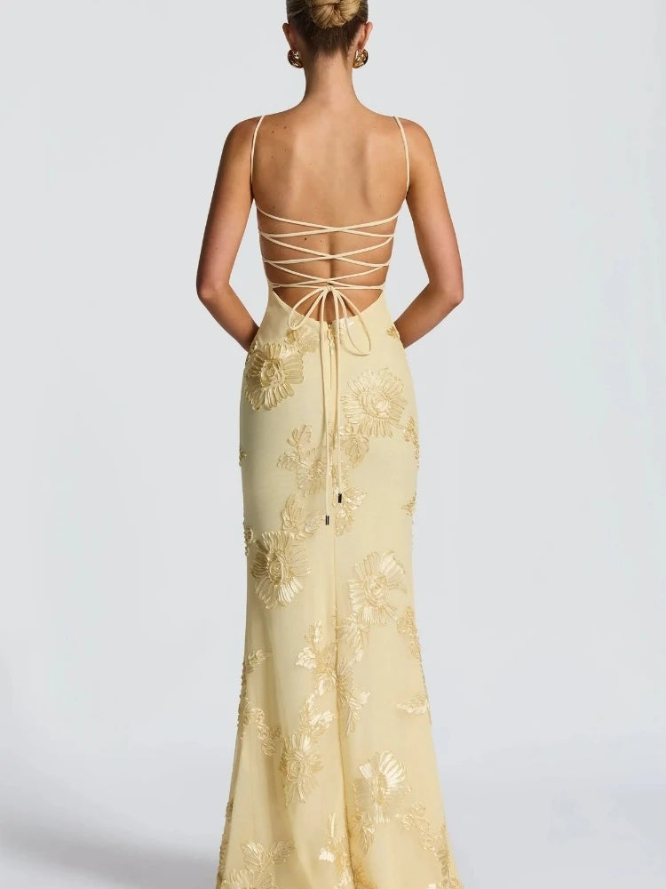 Liliana Floral Appliqué Backless Maxi Dress