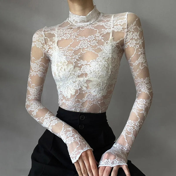 Sexy Lace Blouse Shirts Summer Women Turtleneck Long Sleeve See Through Lace Patchwork Thin Tops XXNWQ-NWMCT01609