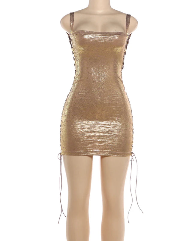 Kliou Sexy Skinny Warp Hip Dress Woman Summer Trend Square Collar Side Hollow Cross Bandage Design Midnight Club Party Bodycon