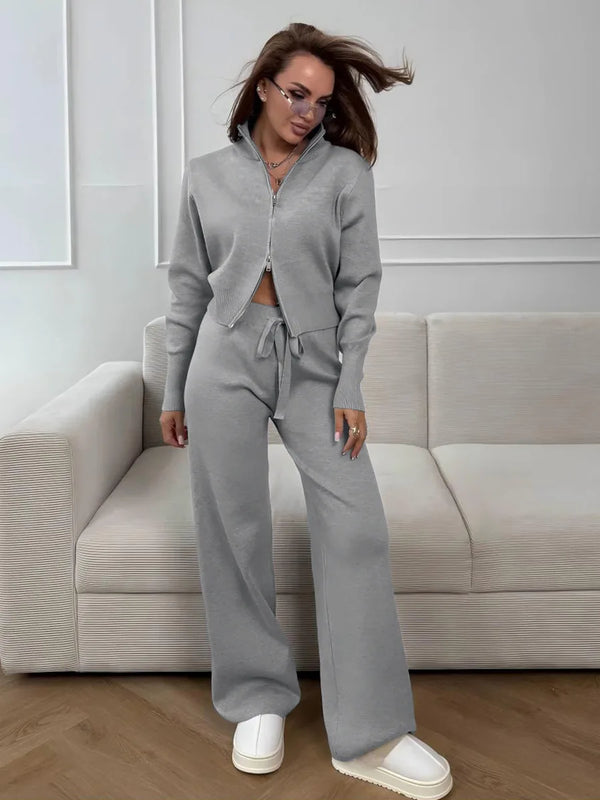 Sigourney Knit Zip-Up Cropped Cardigan & Wide-Leg Pants Two-Piece Set