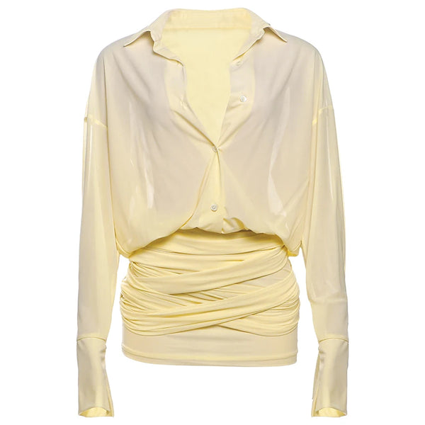 Liesbeth Sheer Button-Front Shirt Ruched Mini Dress