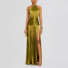 Alina Gold Pleated Halter Maxi Dress