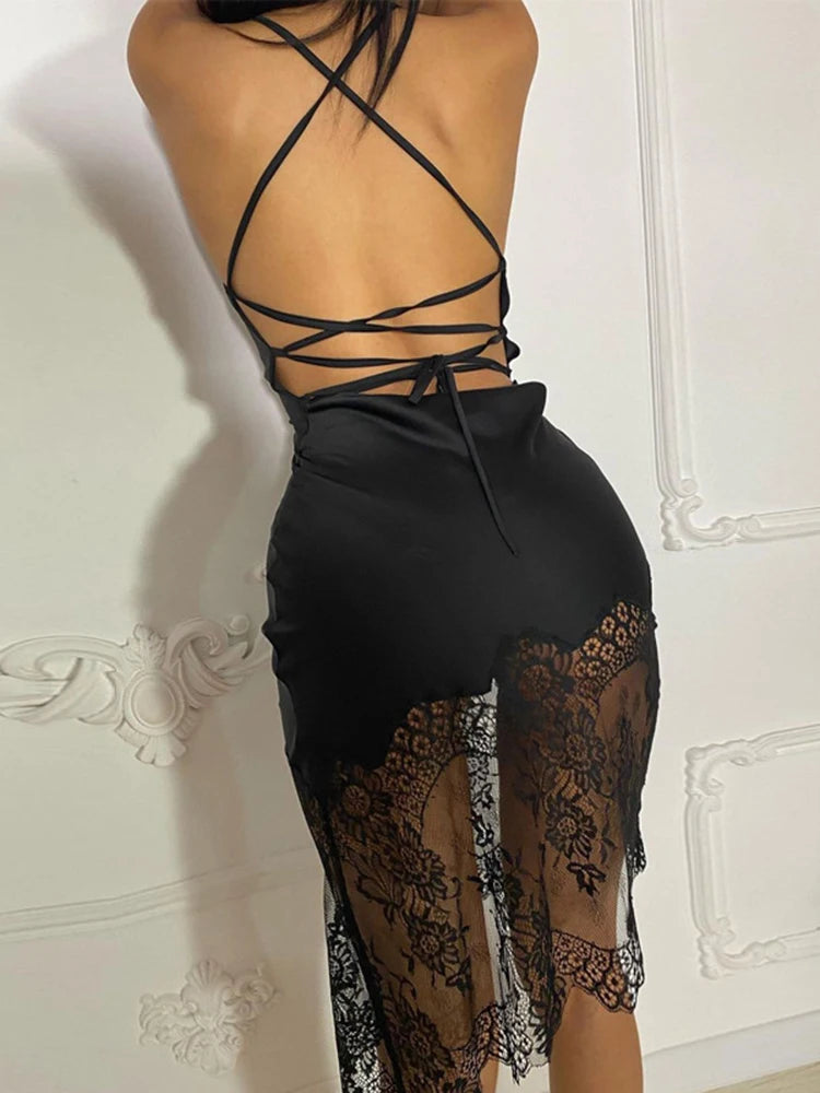 Cecelia Midnight Lace Asymmetry Sleeveless Midi Dress