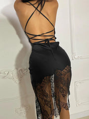 Cecelia Midnight Lace Asymmetry Sleeveless Midi Dress