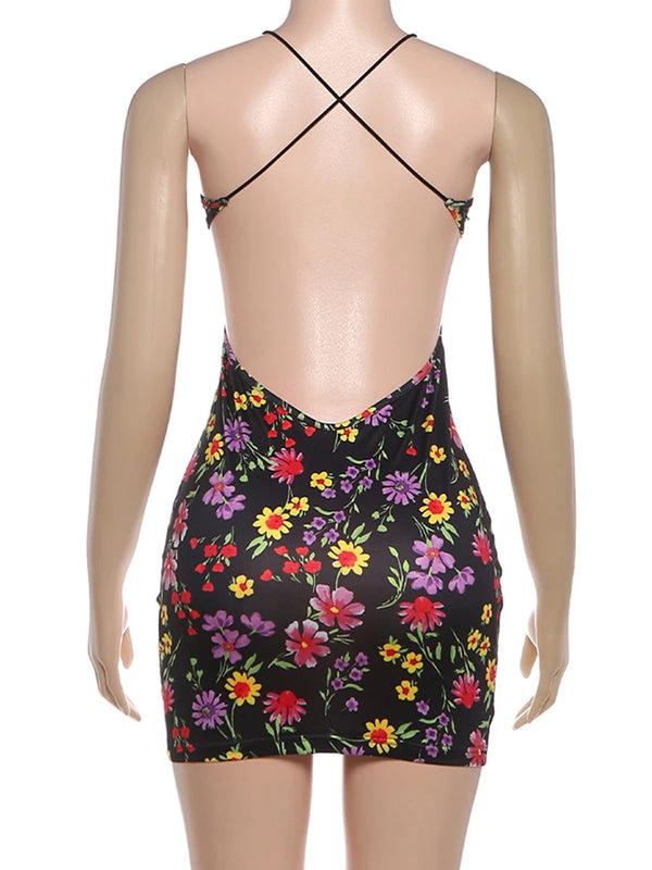 Kliou Flower Print Mini Dress Woman Low-Neck Cross Bandage Backless Sleeveless Skinny Peach Hip Hot Girls Street Style Bodycon