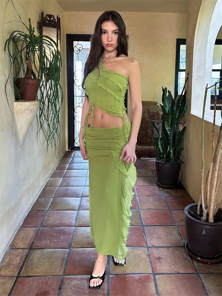 Sampic Ruffles Hollow Out Sleeveless Crop Top And Bodycon Maxi Split Skirt Two Piece Dress Y2K Women Summer Beach Outfits