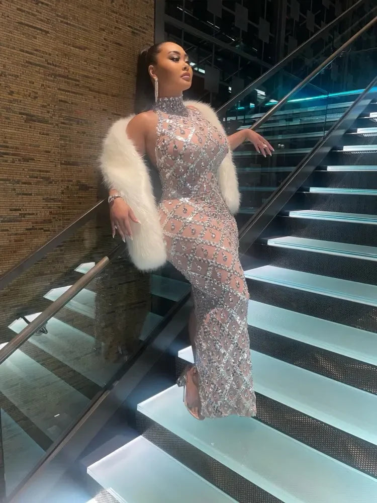 Sexy Mesh Celebrate Evening Wedding Prom Gown Birthday Dress Photograph Wear Sparkly Silver Sequins Rhinestones Sleeveless Dress Secondary image