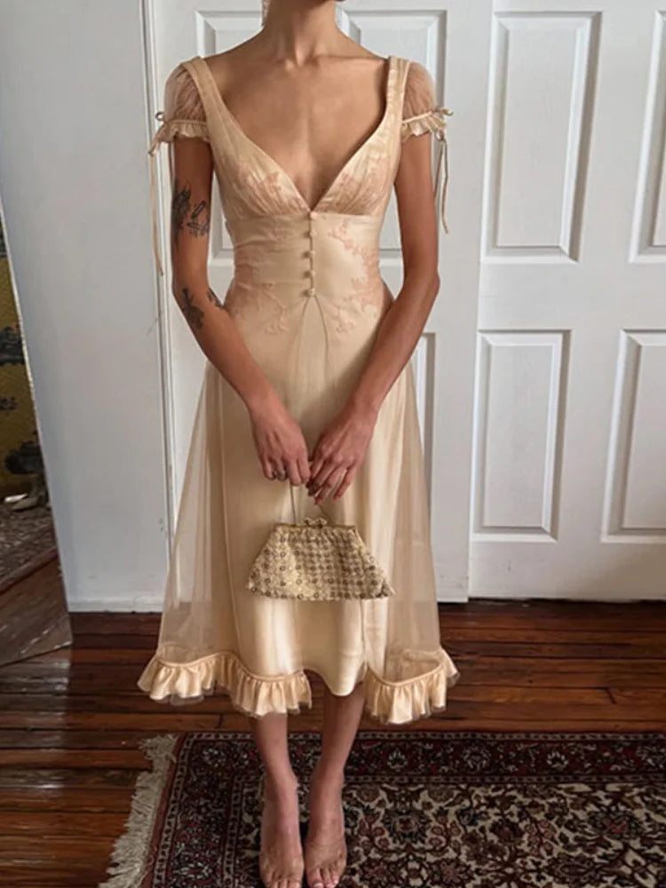 Demi Mesh Satin Tie-Strap Midi Dress Main image