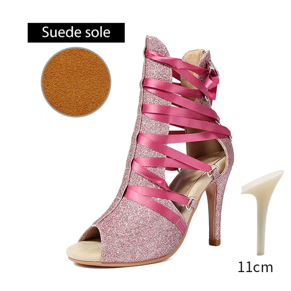 DKZSYIM Women Dance Boots Girls Ladies Jazz Dancing Shoes Thin Heels Glitter Shining Latin Indoor Party Dance Shoes Personalized