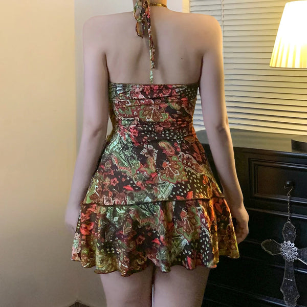 Luciana Printed Backless Halter Mini Dress